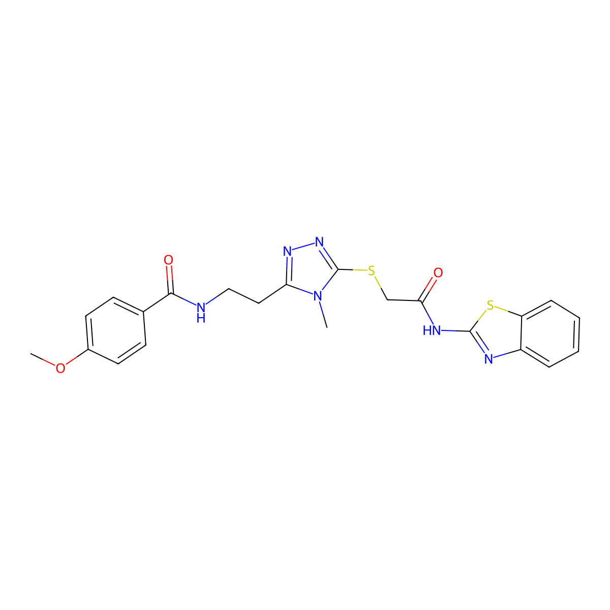 N-[2-[5-[2-(1,3-benzothiazol-2-ylamino)-2-oxoethyl]sulfanyl-4-methyl-1,2,4-triazol-3-yl]ethyl]-4-methoxybenzamide molecular structure, CAS 832123-63-4