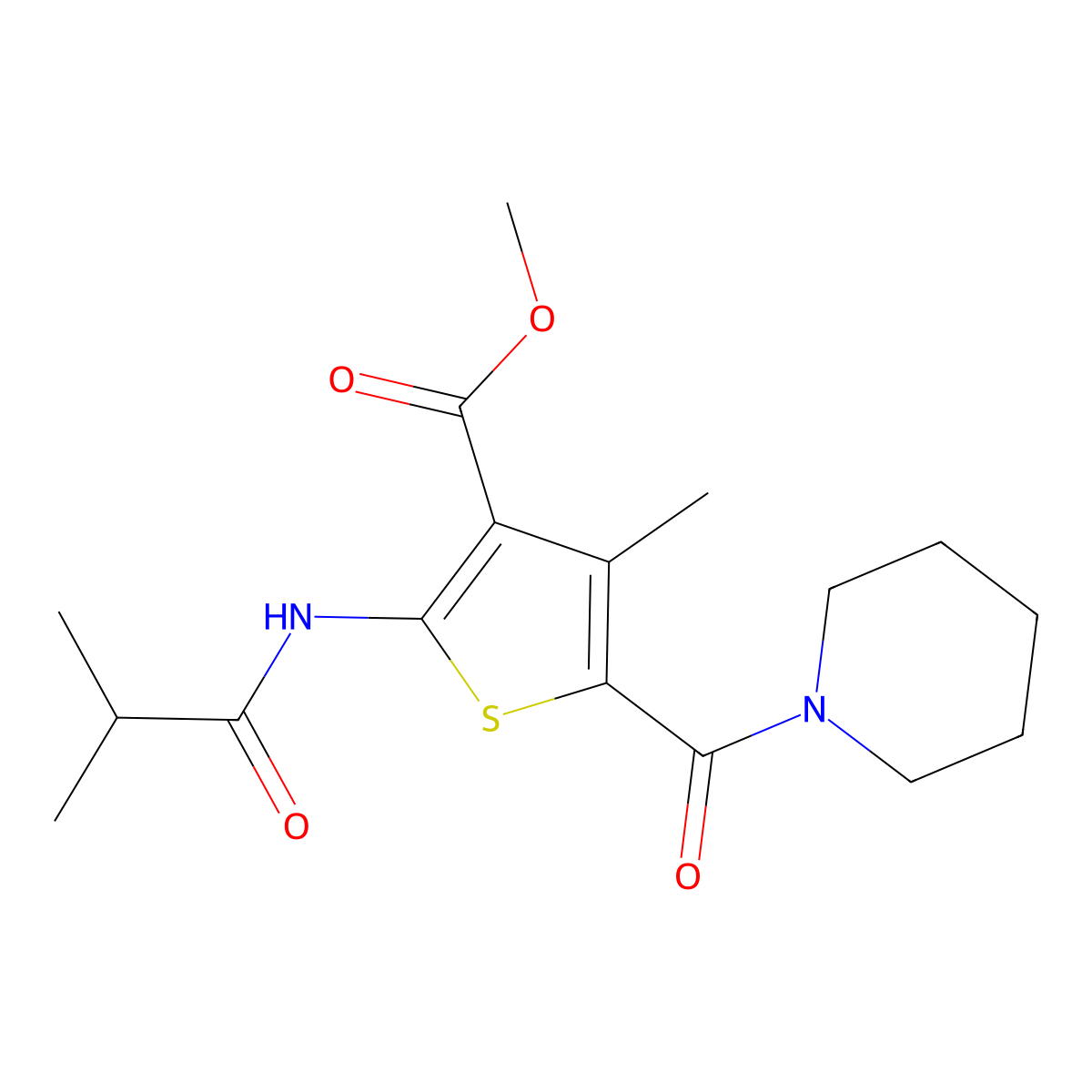 Methyl 4-methyl-2-[(2-methylpropanoyl)amino]-5-(piperidin-1-ylcarbonyl)thiophene-3-carboxylate molecular structure, CAS 832124-84-2