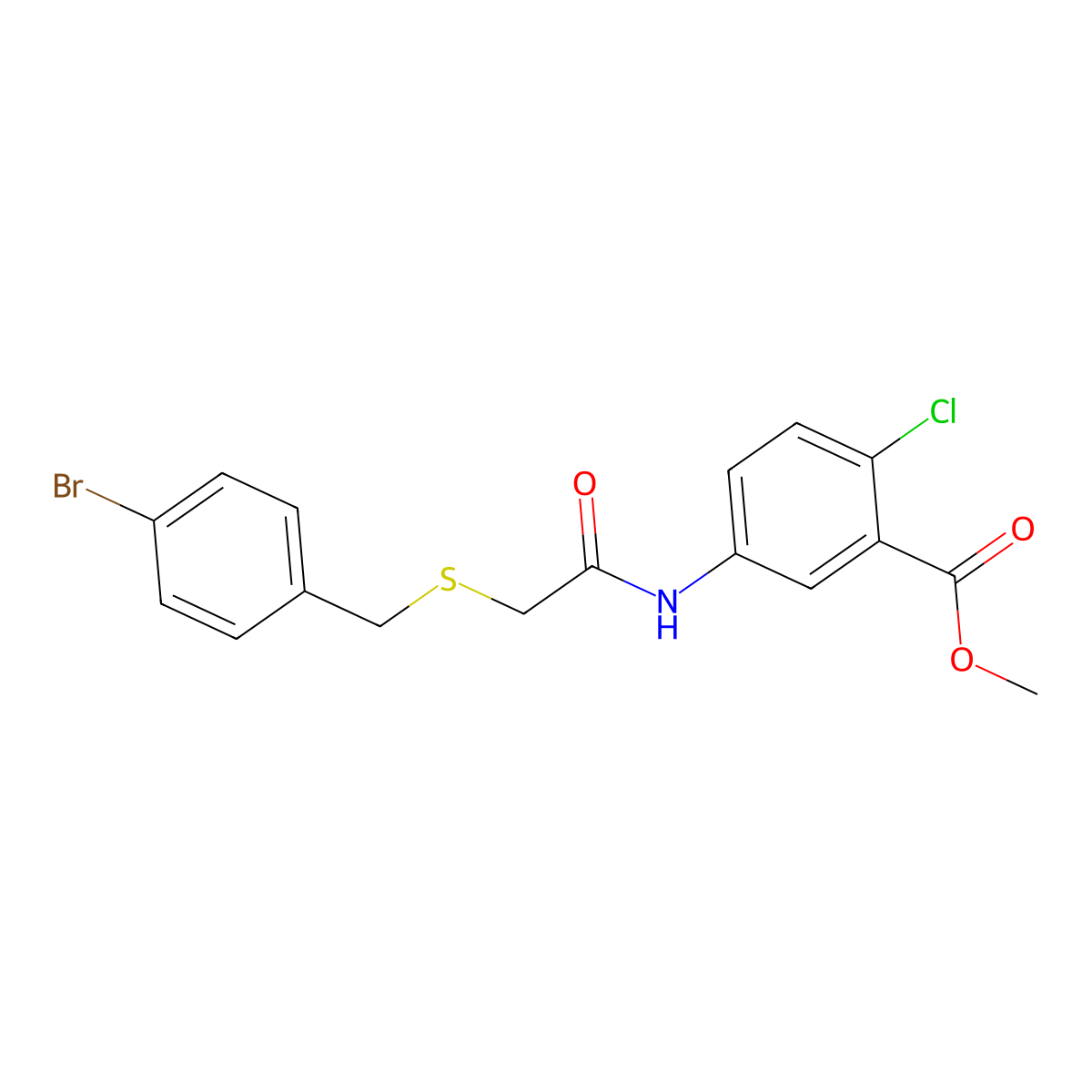 Methyl 5-({[(4-bromobenzyl)sulfanyl]acetyl}amino)-2-chlorobenzoate molecular structure, CAS 832125-25-4