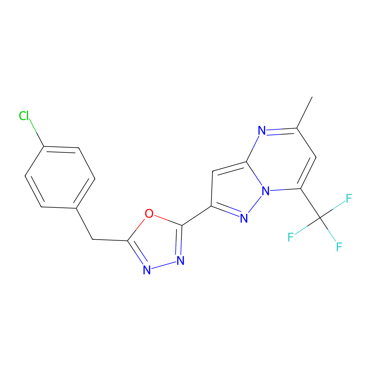 2-[5-(4-Chlorobenzyl)-1,3,4-oxadiazol-2-yl]-5-methyl-7-(trifluoromethyl)pyrazolo[1,5-a]pyrimidine molecular structure, CAS 832125-99-2