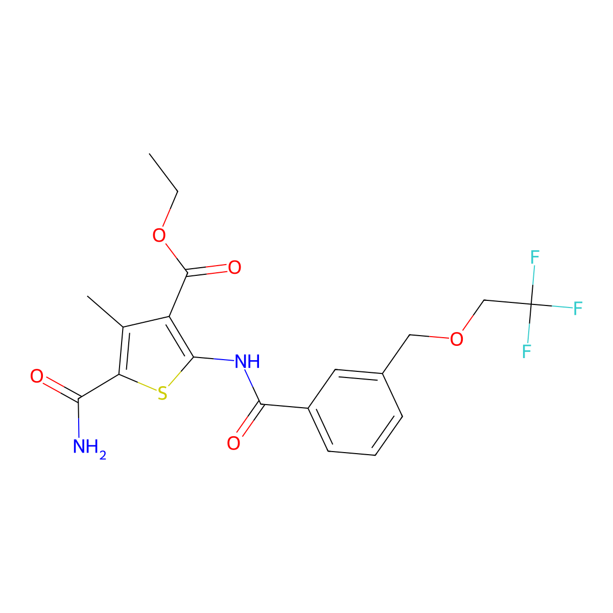 Ethyl 5-carbamoyl-4-methyl-2-[({3-[(2,2,2-trifluoroethoxy)methyl]phenyl}carbonyl)amino]thiophene-3-carboxylate molecular structure, CAS 832127-41-0