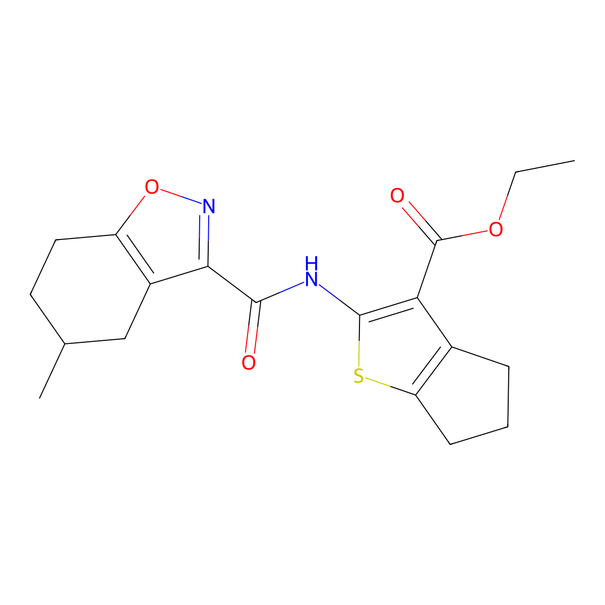 ethyl 2-{[(5-methyl-4,5,6,7-tetrahydro-1,2-benzoxazol-3-yl)carbonyl]amino}-5,6-dihydro-4H-cyclopenta[b]thiophene-3-carboxylate molecular structure, CAS 832129-20-1