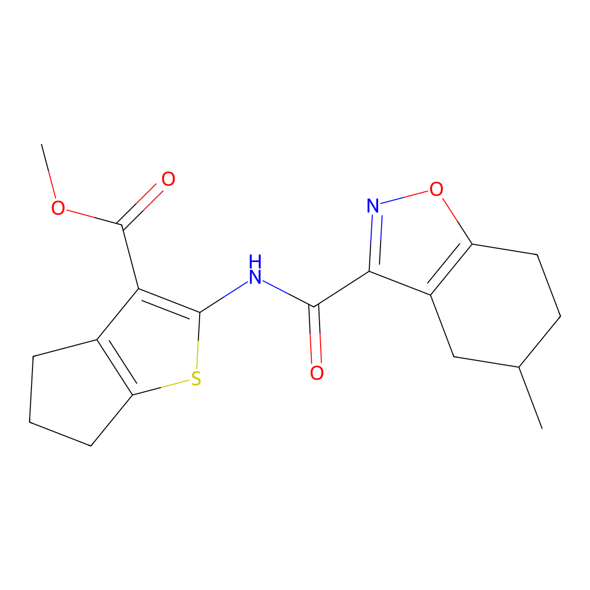 methyl 2-{[(5-methyl-4,5,6,7-tetrahydro-1,2-benzoxazol-3-yl)carbonyl]amino}-5,6-dihydro-4H-cyclopenta[b]thiophene-3-carboxylate molecular structure, CAS 832129-51-8