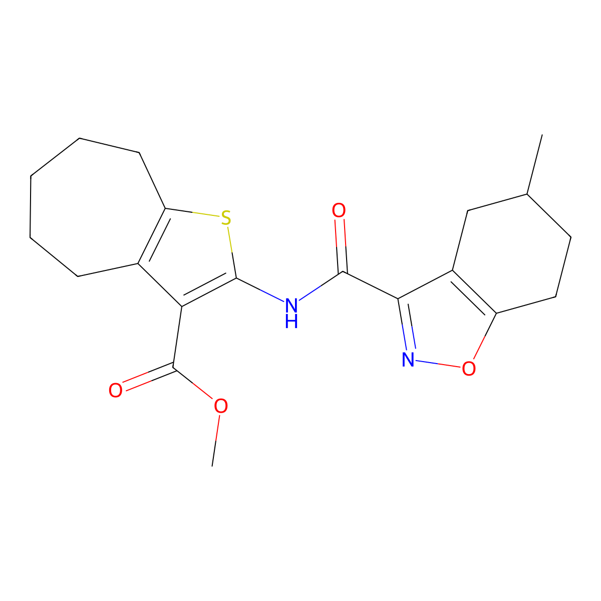 methyl 2-{[(5-methyl-4,5,6,7-tetrahydro-1,2-benzoxazol-3-yl)carbonyl]amino}-5,6,7,8-tetrahydro-4H-cyclohepta[b]thiophene-3-carboxylate molecular structure, CAS 832130-09-3