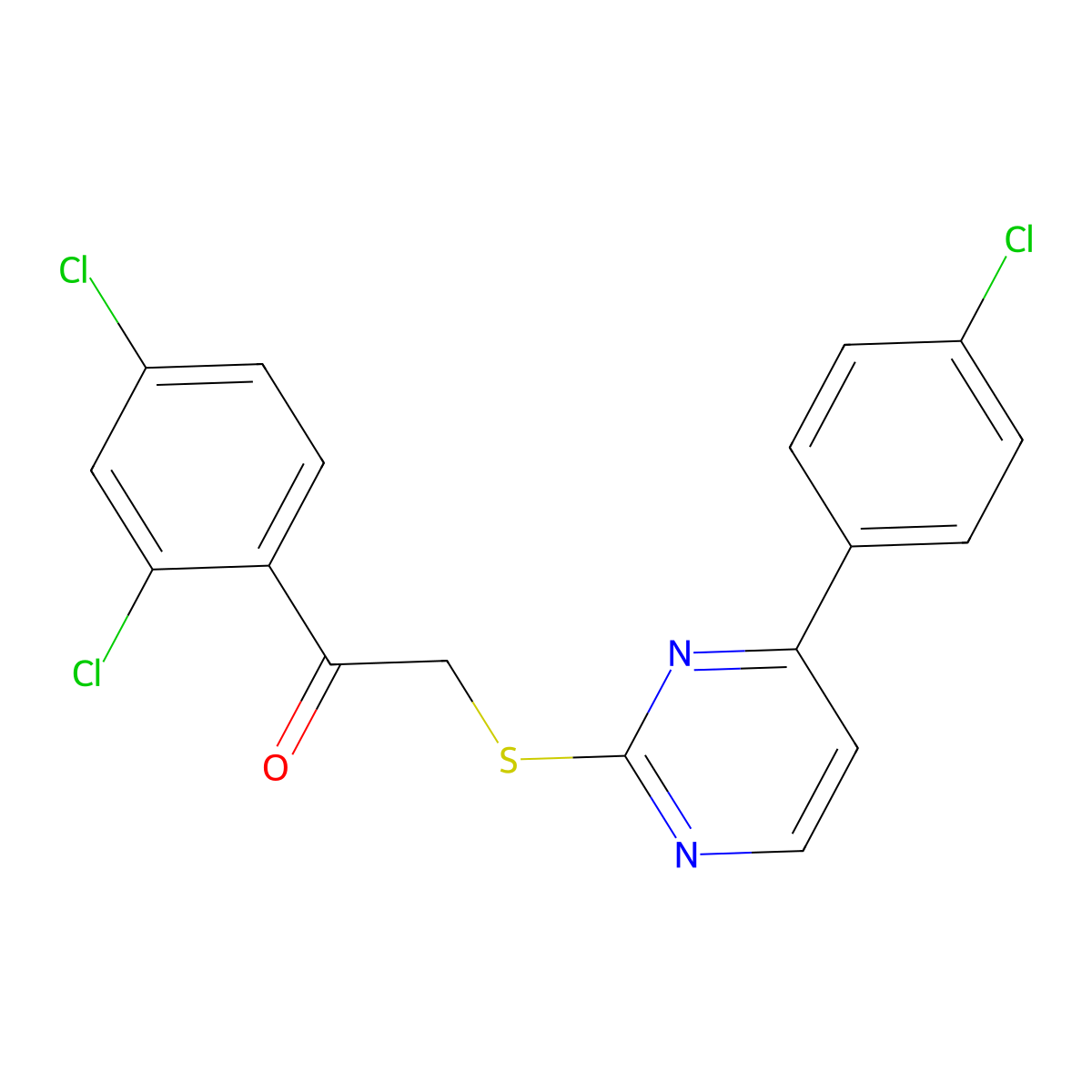 2-{[4-(4-Chlorophenyl)pyrimidin-2-yl]sulfanyl}-1-(2,4-dichlorophenyl)ethanone molecular structure, CAS 832130-22-0