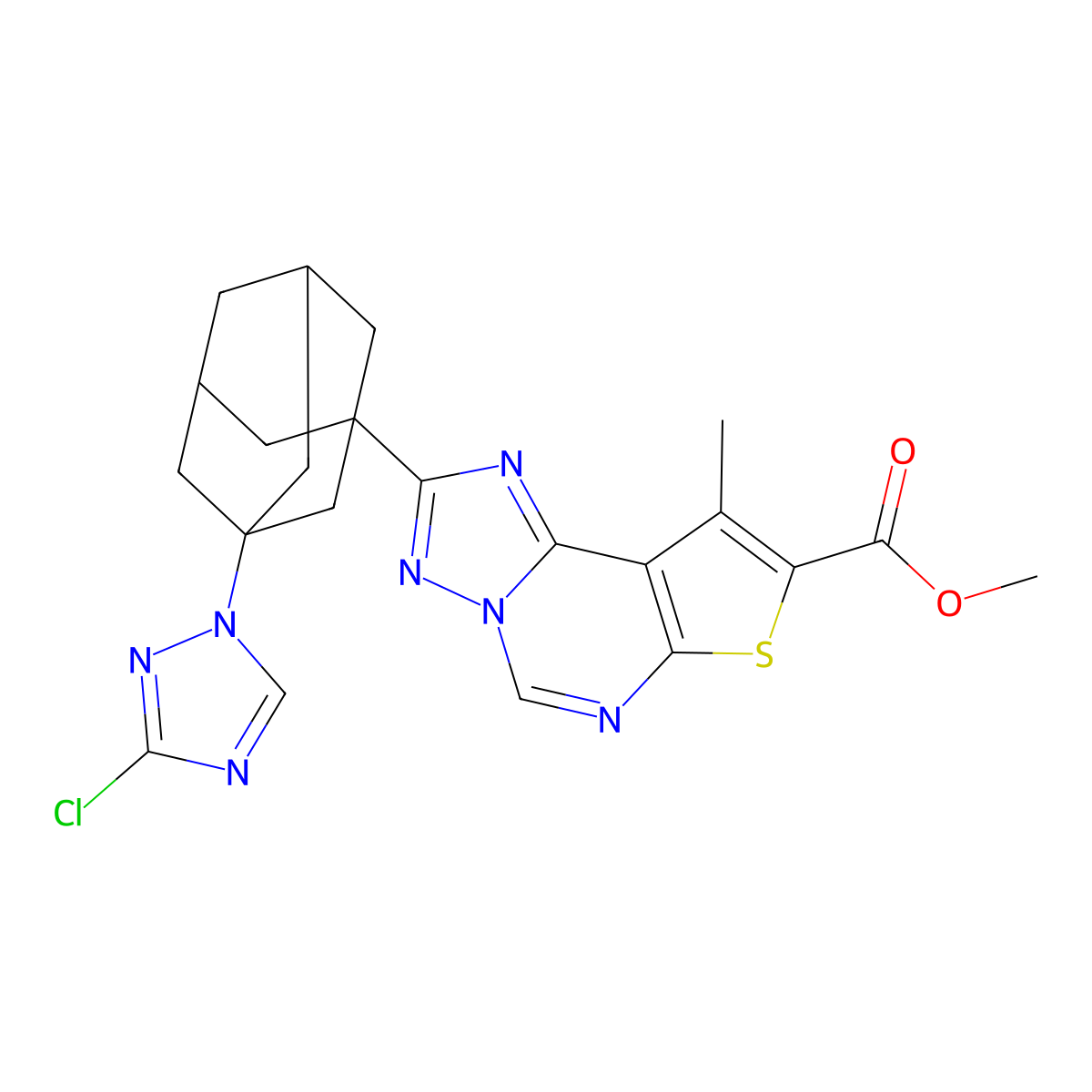 methyl 2-(3-(3-chloro-1H-1,2,4-triazol-1-yl)adamantan-1-yl)-9-methylthieno[3,2-e][1,2,4]triazolo[1,5-c]pyrimidine-8-carboxylate molecular structure, CAS 832133-33-2