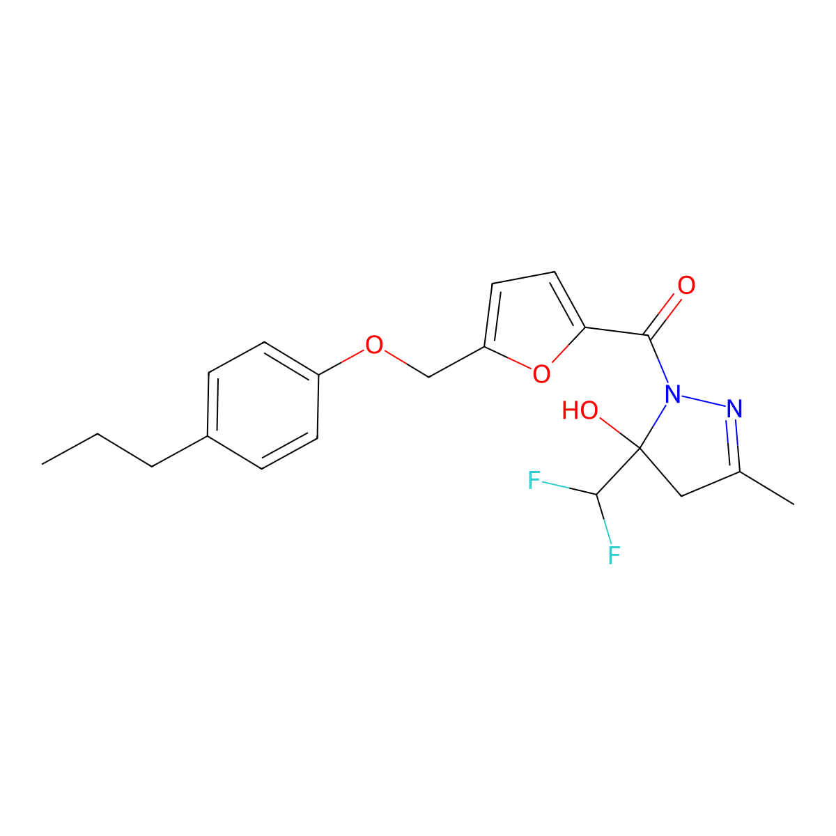 [5-(difluoromethyl)-5-hydroxy-3-methyl-4H-pyrazol-1-yl]-[5-[(4-propylphenoxy)methyl]furan-2-yl]methanone molecular structure, CAS 832135-45-2