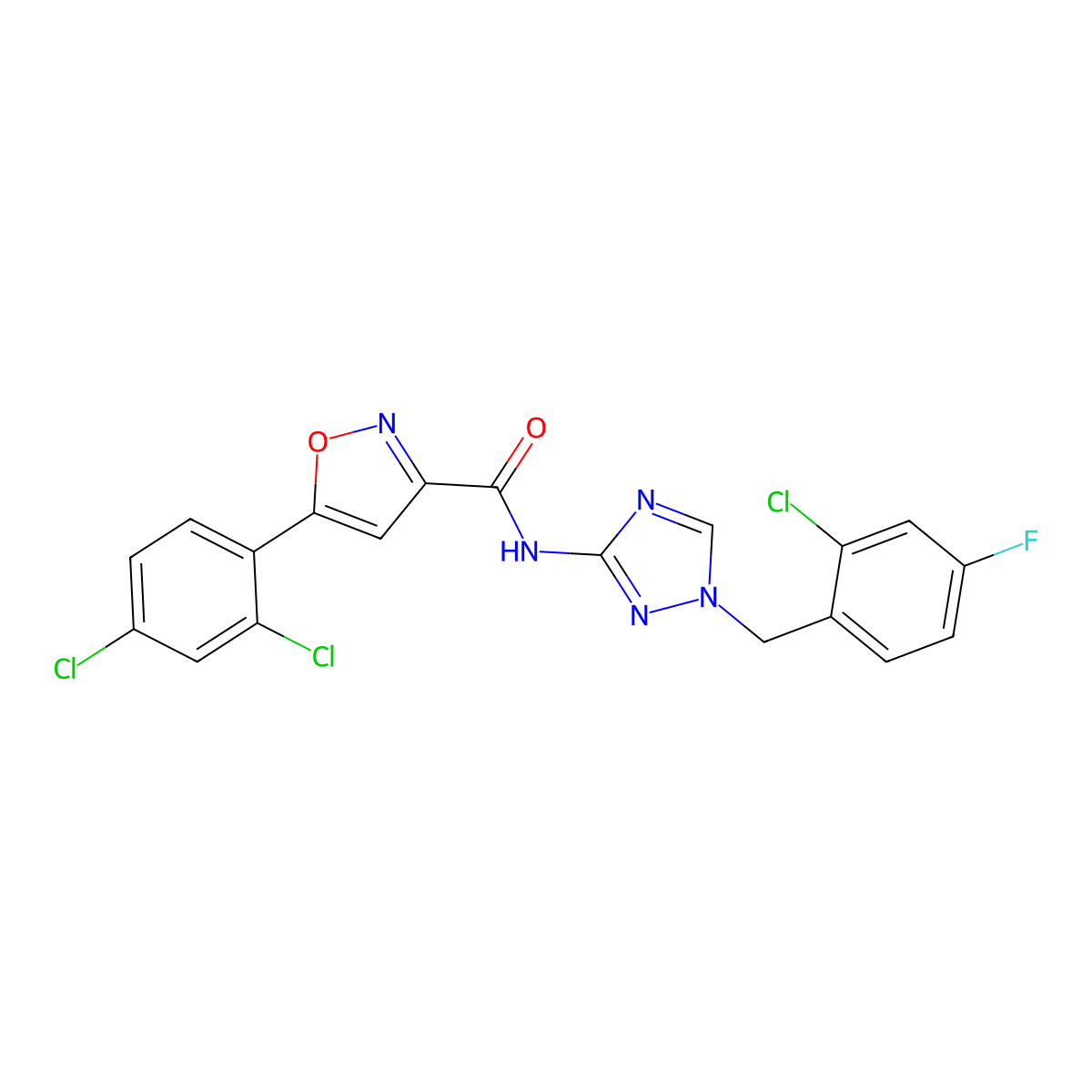 N-[1-[(2-chloro-4-fluorophenyl)methyl]-1,2,4-triazol-3-yl]-5-(2,4-dichlorophenyl)-1,2-oxazole-3-carboxamide molecular structure, CAS 832135-58-7