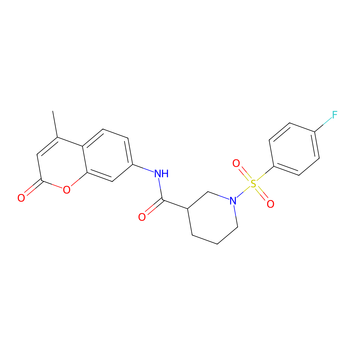 1-(4-fluorophenyl)sulfonyl-N-(4-methyl-2-oxochromen-7-yl)piperidine-3-carboxamide molecular structure, CAS 832136-16-0