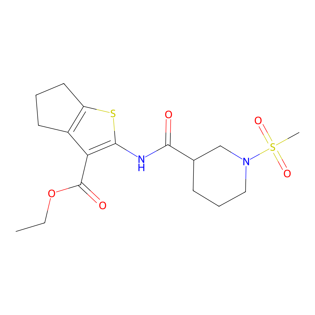 ethyl 2-(1-(methylsulfonyl)piperidine-3-carboxamido)-5,6-dihydro-4H-cyclopenta[b]thiophene-3-carboxylate molecular structure, CAS 832136-44-4