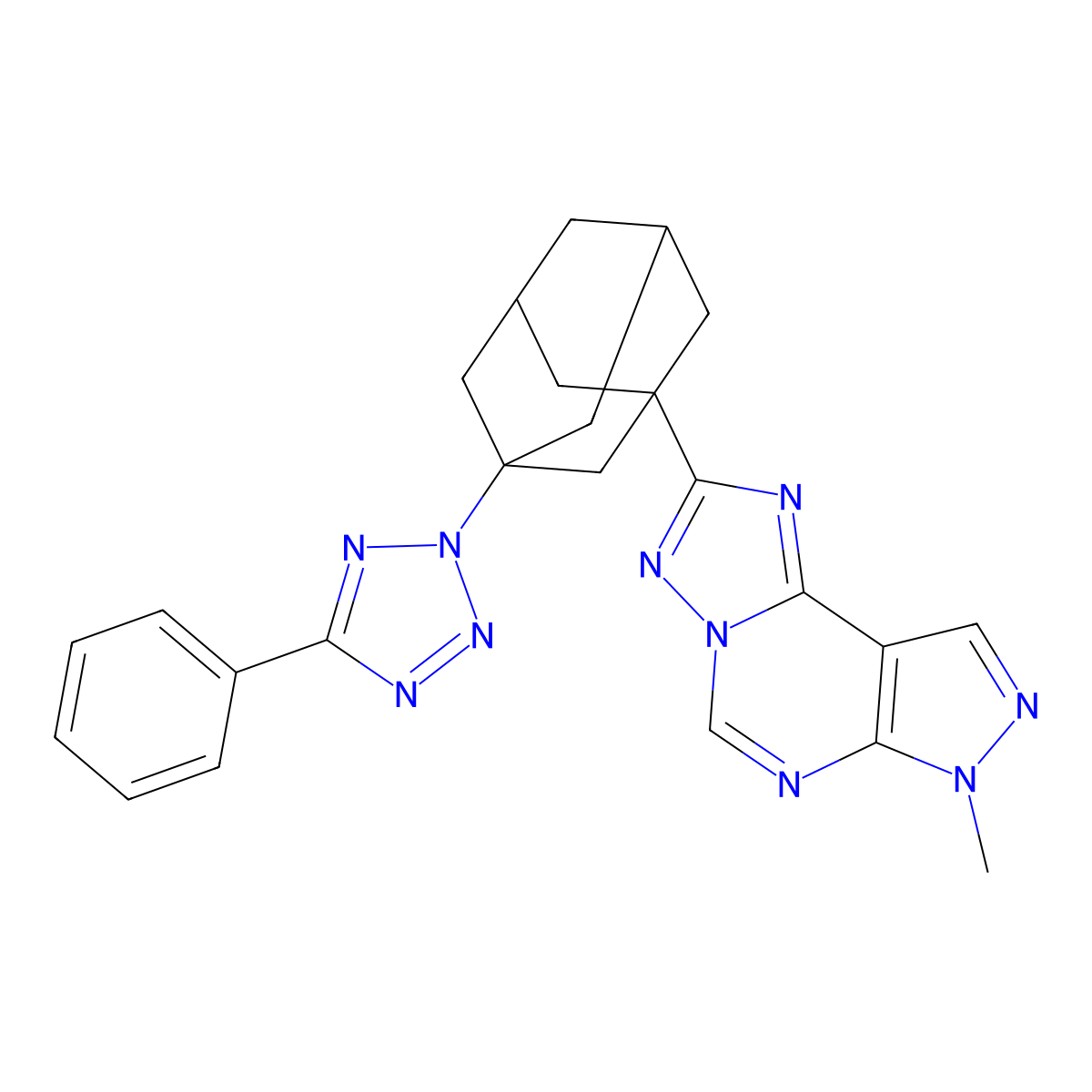 7-methyl-2-(3-(5-phenyl-2H-tetrazol-2-yl)adamantan-1-yl)-7H-pyrazolo[4,3-e][1,2,4]triazolo[1,5-c]pyrimidine molecular structure, CAS 832136-63-7