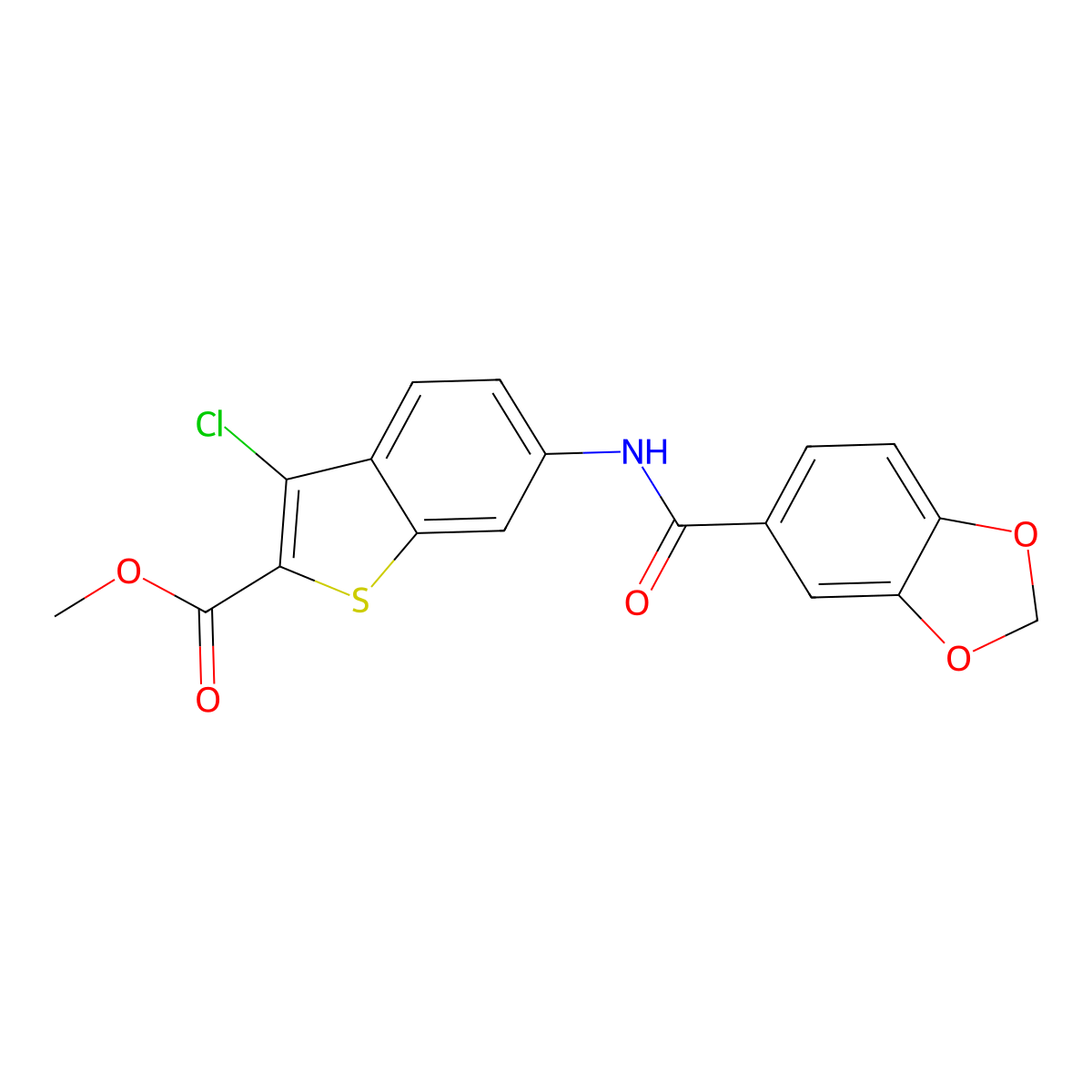 Methyl 6-[(1,3-benzodioxol-5-ylcarbonyl)amino]-3-chloro-1-benzothiophene-2-carboxylate molecular structure, CAS 832137-08-3