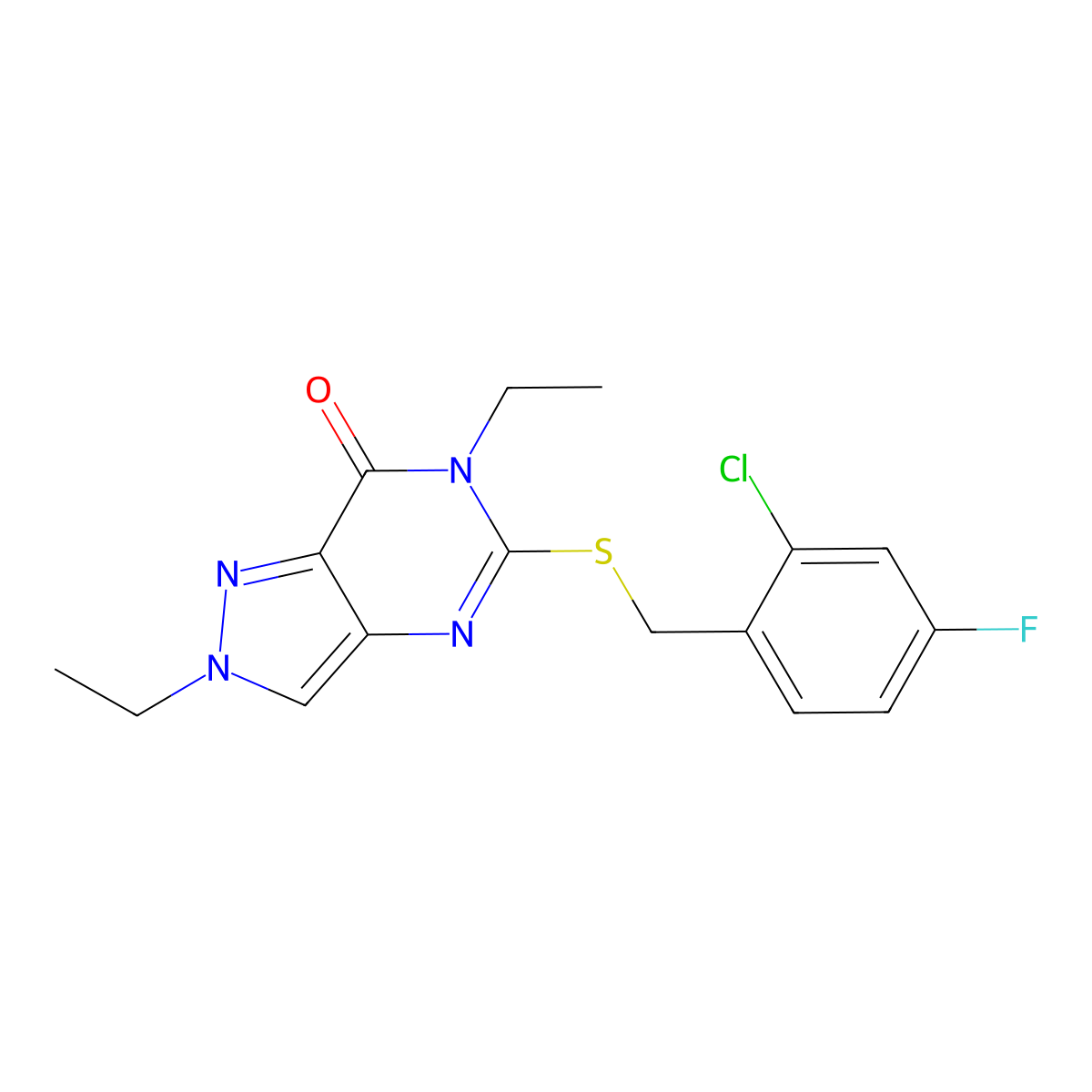 5-[(2-Chloro-4-fluorophenyl)methylsulfanyl]-2,6-diethylpyrazolo[4,3-d]pyrimidin-7-one molecular structure, CAS 832138-54-2