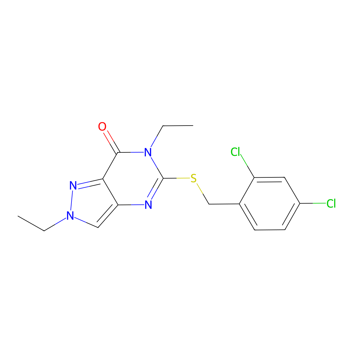 5-[(2,4-Dichlorophenyl)methylsulfanyl]-2,6-diethylpyrazolo[4,3-d]pyrimidin-7-one molecular structure, CAS 832138-55-3