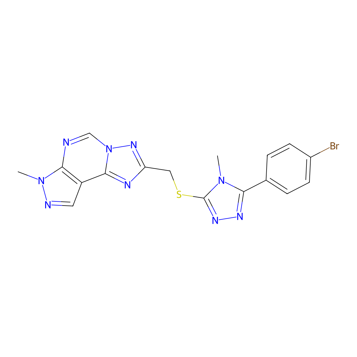 2-({[5-(4-bromophenyl)-4-methyl-4H-1,2,4-triazol-3-yl]sulfanyl}methyl)-7-methyl-7H-pyrazolo[4,3-e][1,2,4]triazolo[1,5-c]pyrimidine molecular structure, CAS 832138-69-9