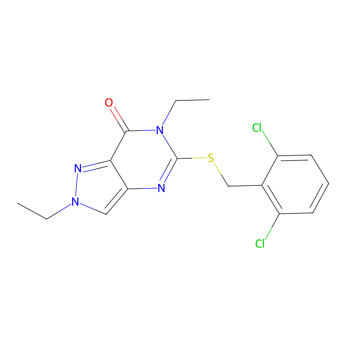 5-[(2,6-Dichlorophenyl)methylsulfanyl]-2,6-diethylpyrazolo[4,3-d]pyrimidin-7-one molecular structure, CAS 832138-71-3