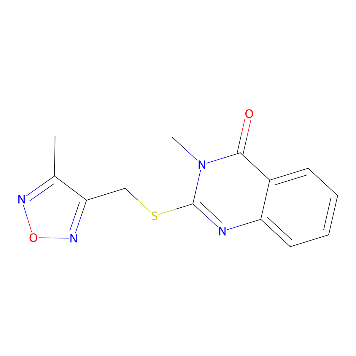 3-Methyl-2-[(4-methyl-1,2,5-oxadiazol-3-yl)methylsulfanyl]quinazolin-4-one molecular structure, CAS 832139-04-5