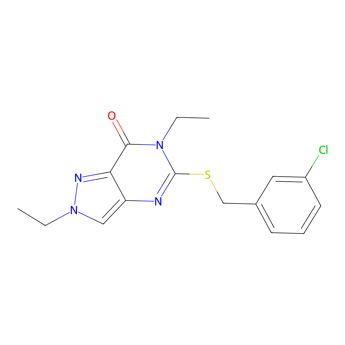 5-[(3-Chlorophenyl)methylsulfanyl]-2,6-diethylpyrazolo[4,3-d]pyrimidin-7-one molecular structure, CAS 832139-22-7
