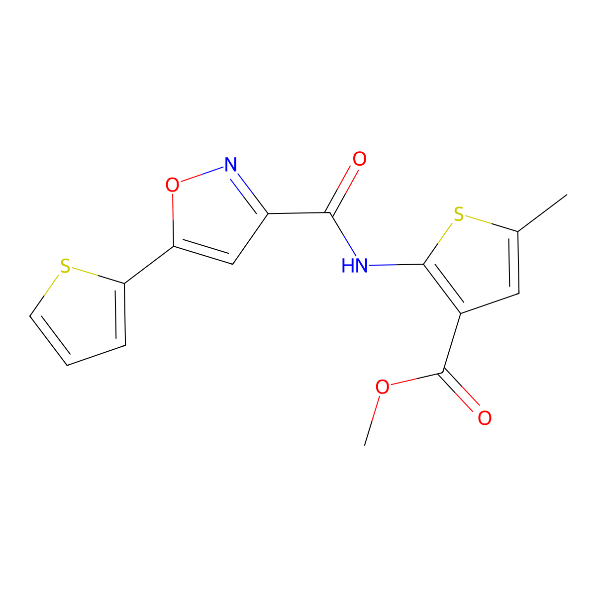 Methyl 5-methyl-2-({[5-(thiophen-2-yl)-1,2-oxazol-3-yl]carbonyl}amino)thiophene-3-carboxylate molecular structure, CAS 832139-35-2
