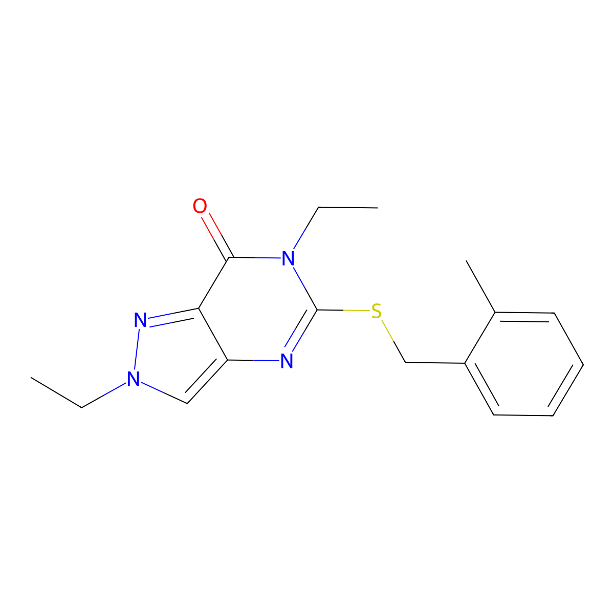 2,6-Diethyl-5-[(2-methylphenyl)methylsulfanyl]pyrazolo[4,3-d]pyrimidin-7-one molecular structure, CAS 832139-58-9