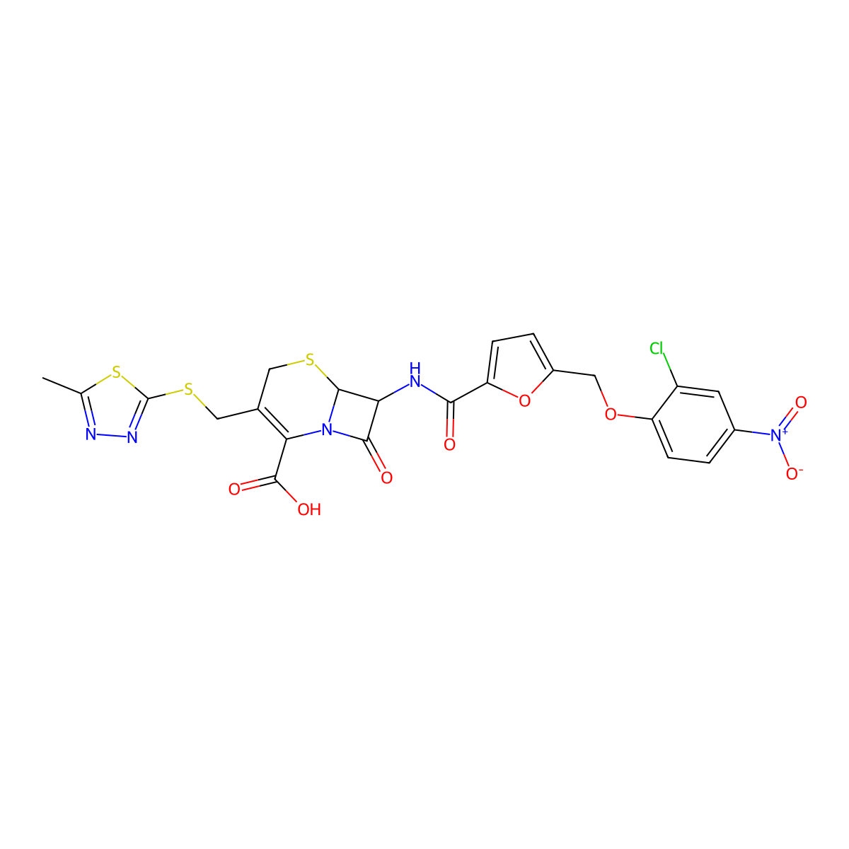 7-[({5-[(2-Chloro-4-nitrophenoxy)methyl]furan-2-yl}carbonyl)amino]-3-{[(5-methyl-1,3,4-thiadiazol-2-yl)sulfanyl]methyl}-8-oxo-5-thia-1-azabicyclo[4.2.0]oct-2-ene-2-carboxylic acid molecular structure, CAS 832139-67-0