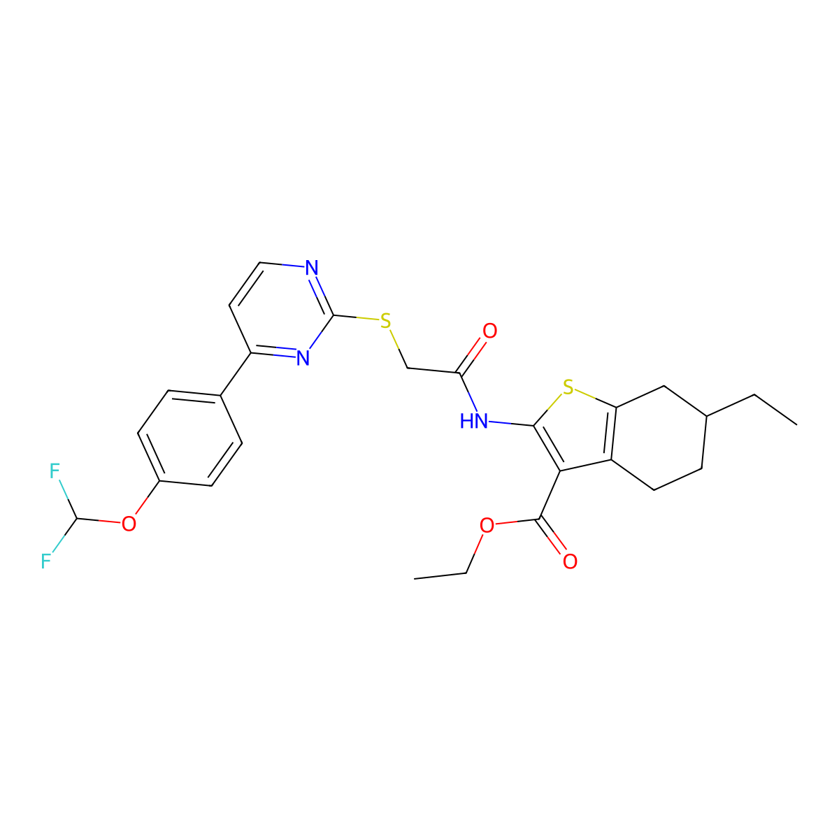 Ethyl 2-{[({4-[4-(difluoromethoxy)phenyl]pyrimidin-2-yl}sulfanyl)acetyl]amino}-6-ethyl-4,5,6,7-tetrahydro-1-benzothiophene-3-carboxylate molecular structure, CAS 832140-24-6