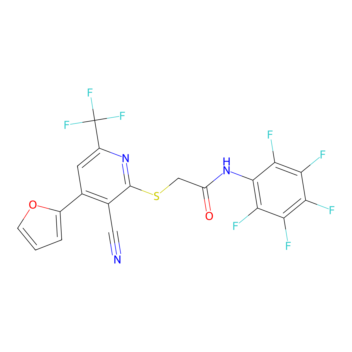 2-{[3-cyano-4-(furan-2-yl)-6-(trifluoromethyl)pyridin-2-yl]sulfanyl}-N-(pentafluorophenyl)acetamide molecular structure, CAS 832141-23-8