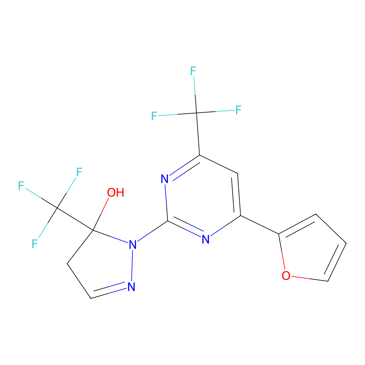 1-[4-(2-Furyl)-6-(trifluoromethyl)-2-pyrimidinyl]-5-(trifluoromethyl)-4,5-dihydro-1H-pyrazol-5-OL molecular structure, CAS 832141-58-9