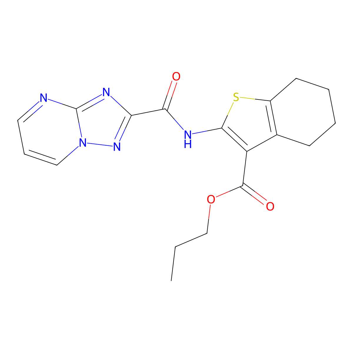Propyl 2-[([1,2,4]triazolo[1,5-a]pyrimidin-2-ylcarbonyl)amino]-4,5,6,7-tetrahydro-1-benzothiophene-3-carboxylate molecular structure, CAS 832143-19-8