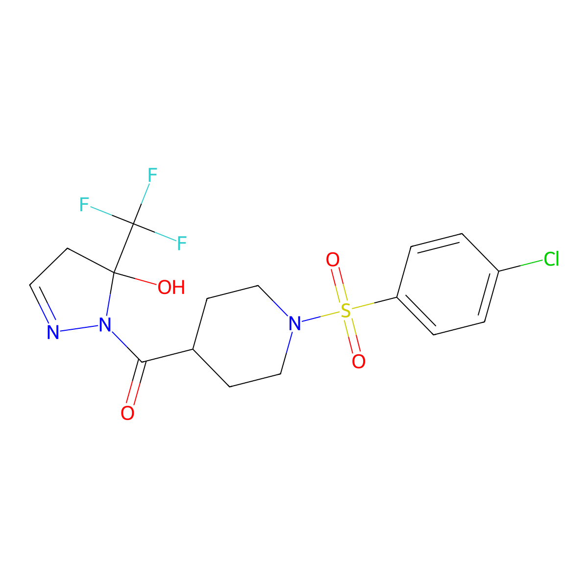 {1-[(4-chlorophenyl)sulfonyl]piperidin-4-yl}[5-hydroxy-5-(trifluoromethyl)-4,5-dihydro-1H-pyrazol-1-yl]methanone molecular structure, CAS 832143-40-5