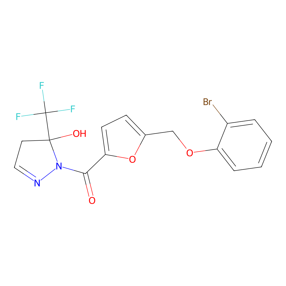 {5-[(2-bromophenoxy)methyl]furan-2-yl}[5-hydroxy-5-(trifluoromethyl)-4,5-dihydro-1H-pyrazol-1-yl]methanone molecular structure, CAS 832143-44-9