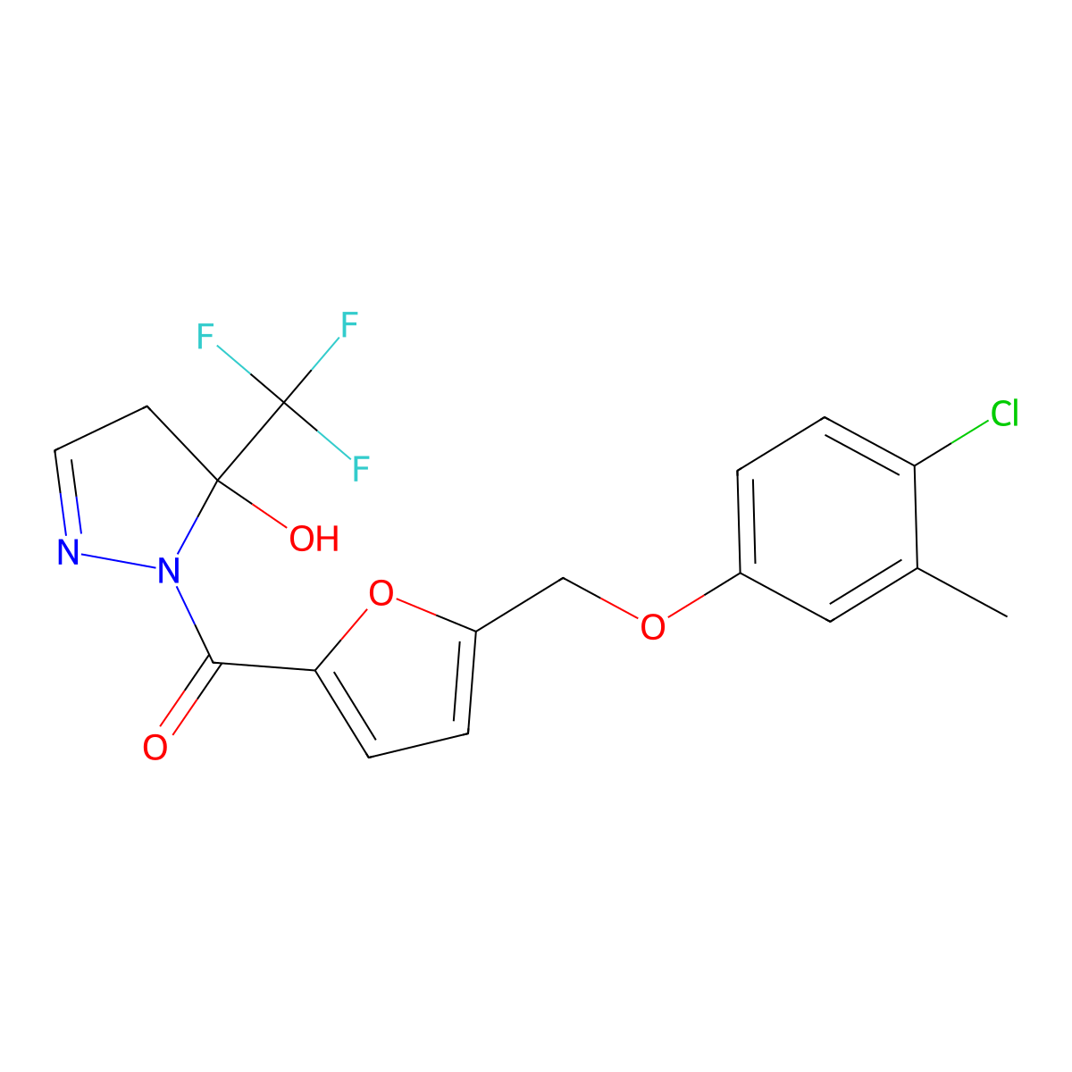 {5-[(4-chloro-3-methylphenoxy)methyl]furan-2-yl}[5-hydroxy-5-(trifluoromethyl)-4,5-dihydro-1H-pyrazol-1-yl]methanone molecular structure, CAS 832143-49-4