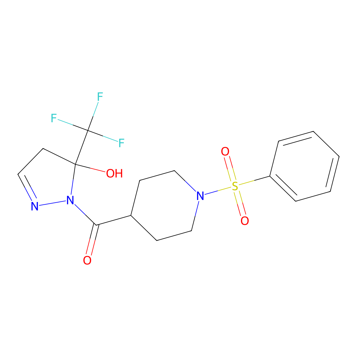 [5-hydroxy-5-(trifluoromethyl)-4,5-dihydro-1H-pyrazol-1-yl][1-(phenylsulfonyl)piperidin-4-yl]methanone molecular structure, CAS 832143-55-2