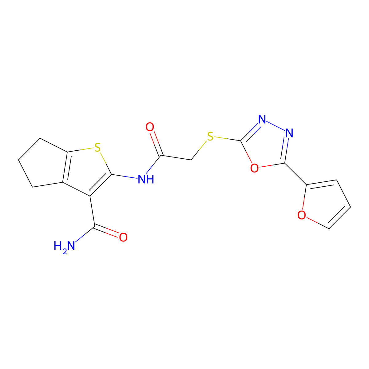 2-[[2-[[5-(furan-2-yl)-1,3,4-oxadiazol-2-yl]sulfanyl]acetyl]amino]-5,6-dihydro-4H-cyclopenta[b]thiophene-3-carboxamide molecular structure, CAS 832146-16-4