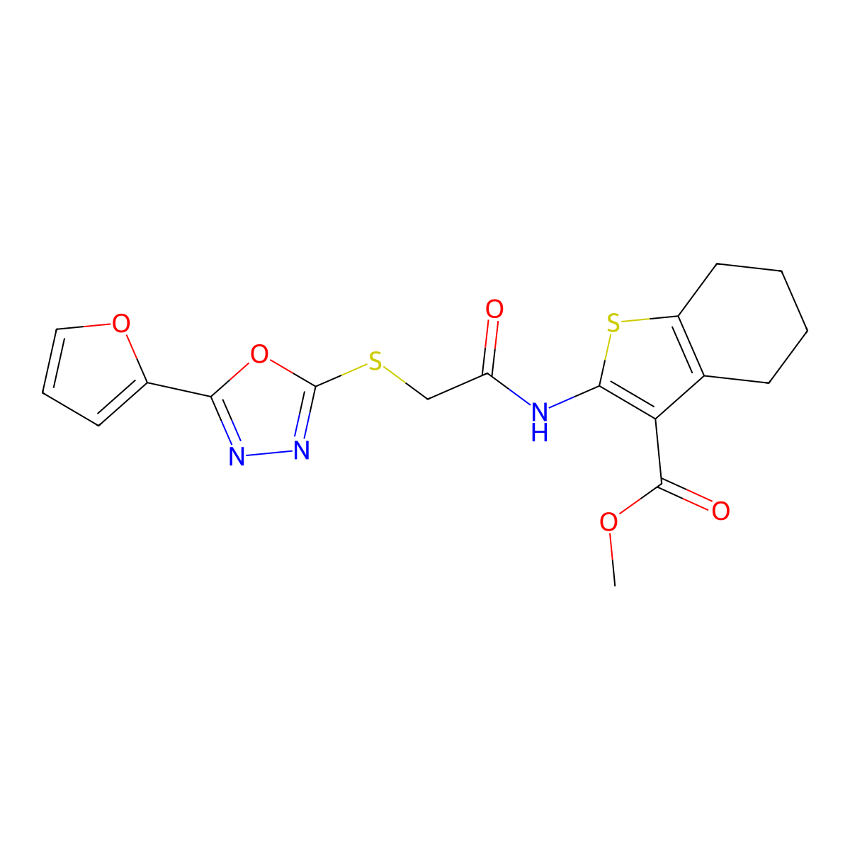 Methyl 2-(2-((5-(furan-2-yl)-1,3,4-oxadiazol-2-yl)thio)acetamido)-4,5,6,7-tetrahydrobenzo[b]thiophene-3-carboxylate molecular structure, CAS 832146-20-0