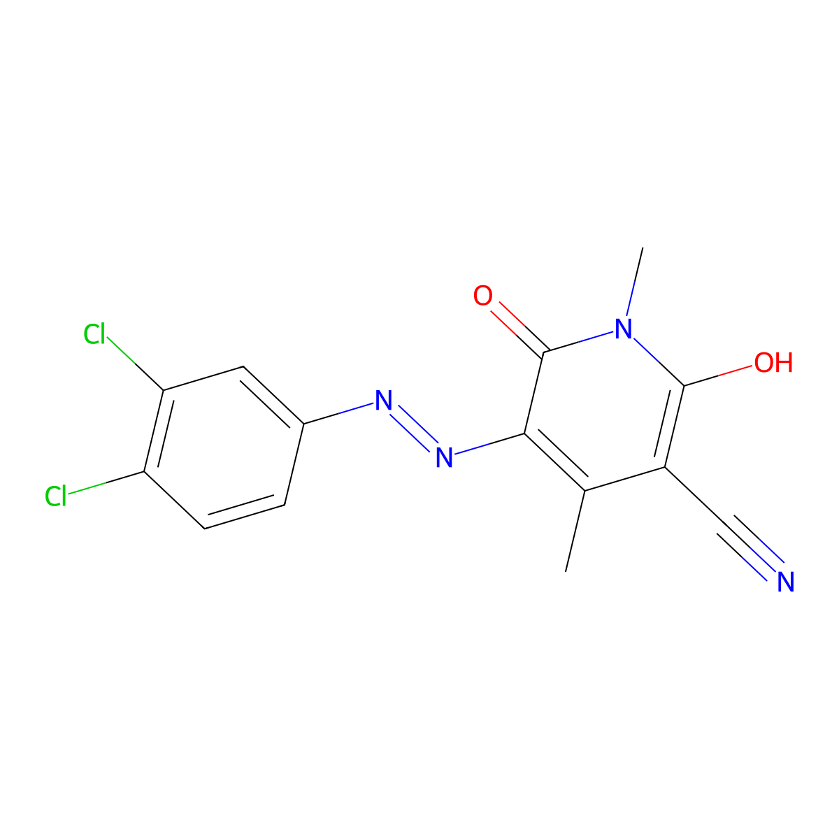3-Pyridinecarbonitrile, 5-((3,4-dichlorophenyl)azo)-1,2-dihydro-6-hydroxy-1,4-dimethyl-2-oxo- molecular structure, CAS 83249-52-9
