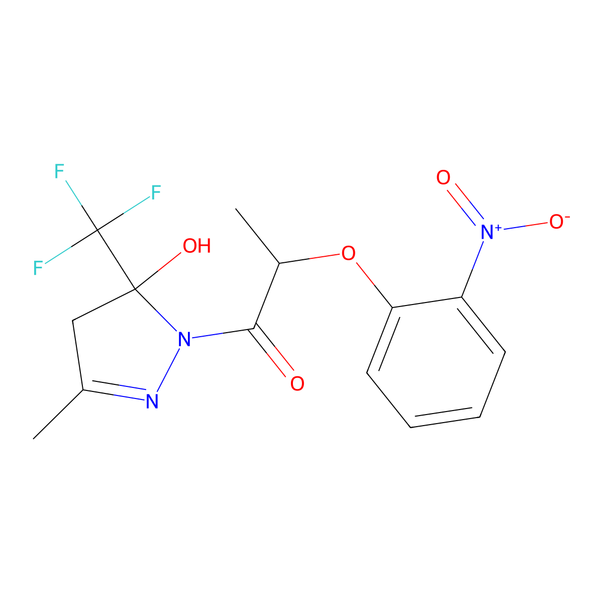 1-[5-hydroxy-3-methyl-5-(trifluoromethyl)-4,5-dihydro-1H-pyrazol-1-yl]-2-(2-nitrophenoxy)propan-1-one molecular structure, CAS 832674-08-5