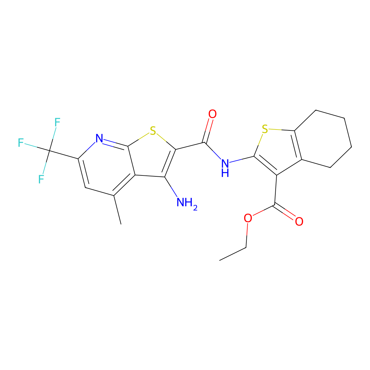 Ethyl 2-({[3-amino-4-methyl-6-(trifluoromethyl)thieno[2,3-b]pyridin-2-yl]carbonyl}amino)-4,5,6,7-tetrahydro-1-benzothiophene-3-carboxylate molecular structure, CAS 832674-31-4