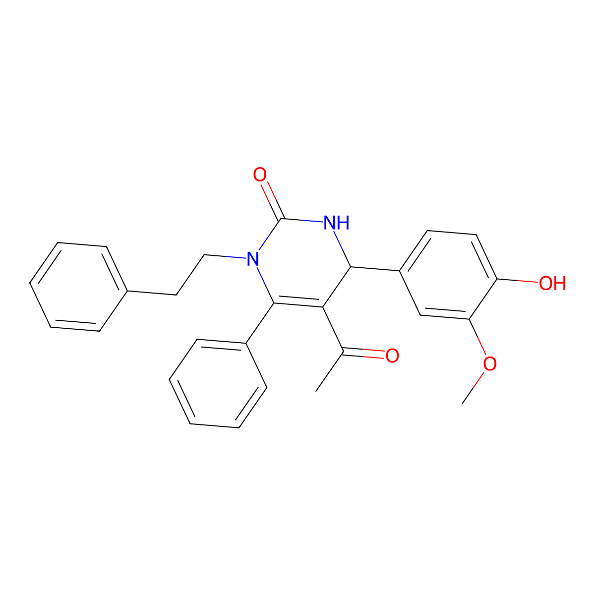 5-acetyl-4-(4-hydroxy-3-methoxyphenyl)-6-phenyl-1-(2-phenylethyl)-3,4-dihydropyrimidin-2(1H)-one molecular structure, CAS 832675-82-8