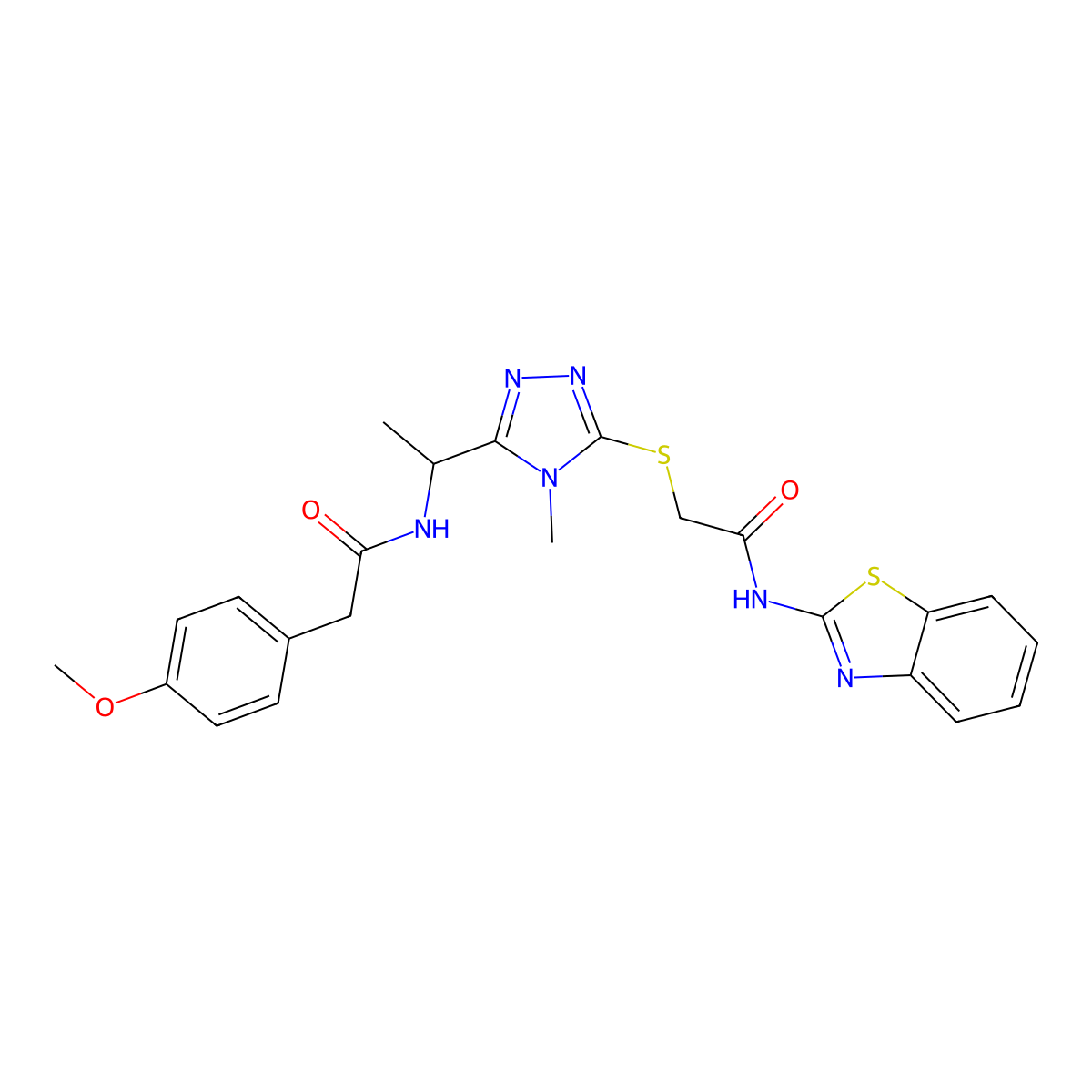 N-[1-[5-[2-(1,3-benzothiazol-2-ylamino)-2-oxoethyl]sulfanyl-4-methyl-1,2,4-triazol-3-yl]ethyl]-2-(4-methoxyphenyl)acetamide molecular structure, CAS 832679-37-5
