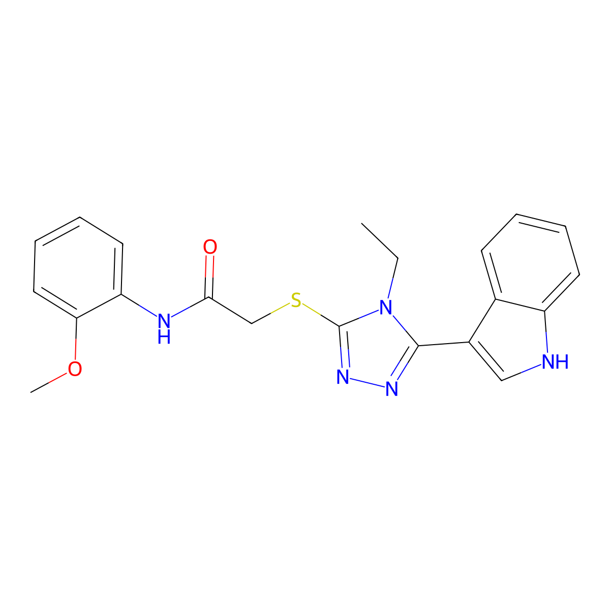 2-((4-ethyl-5-(1H-indol-3-yl)-4H-1,2,4-triazol-3-yl)thio)-N-(2-methoxyphenyl)acetamide molecular structure, CAS 832680-82-7