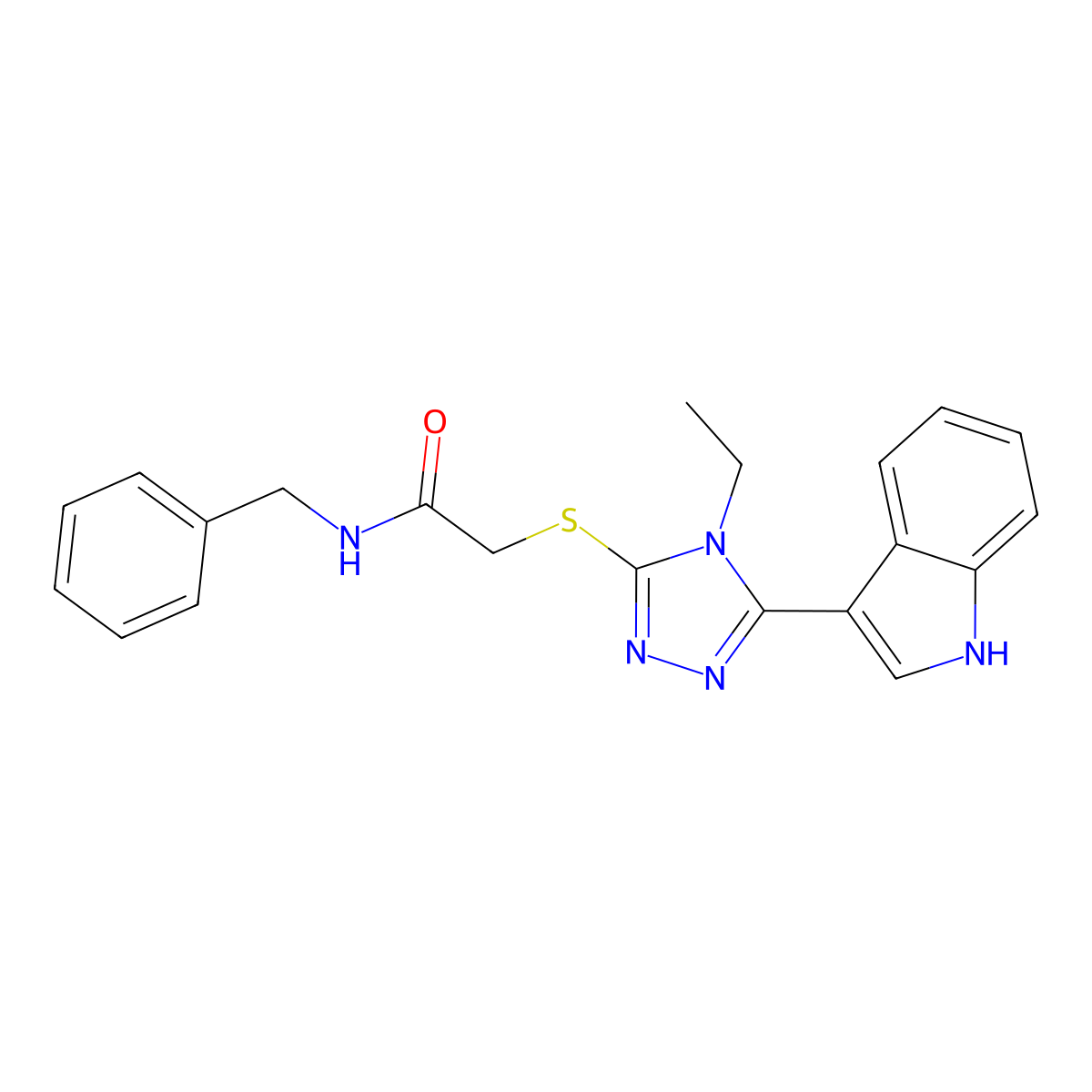 N-benzyl-2-((4-ethyl-5-(1H-indol-3-yl)-4H-1,2,4-triazol-3-yl)thio)acetamide molecular structure, CAS 832681-08-0