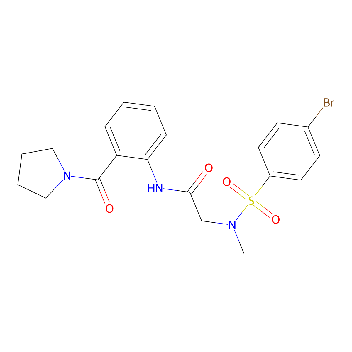 2-[(4-bromophenyl)sulfonyl-methylamino]-N-[2-(pyrrolidine-1-carbonyl)phenyl]acetamide molecular structure, CAS 832681-23-9