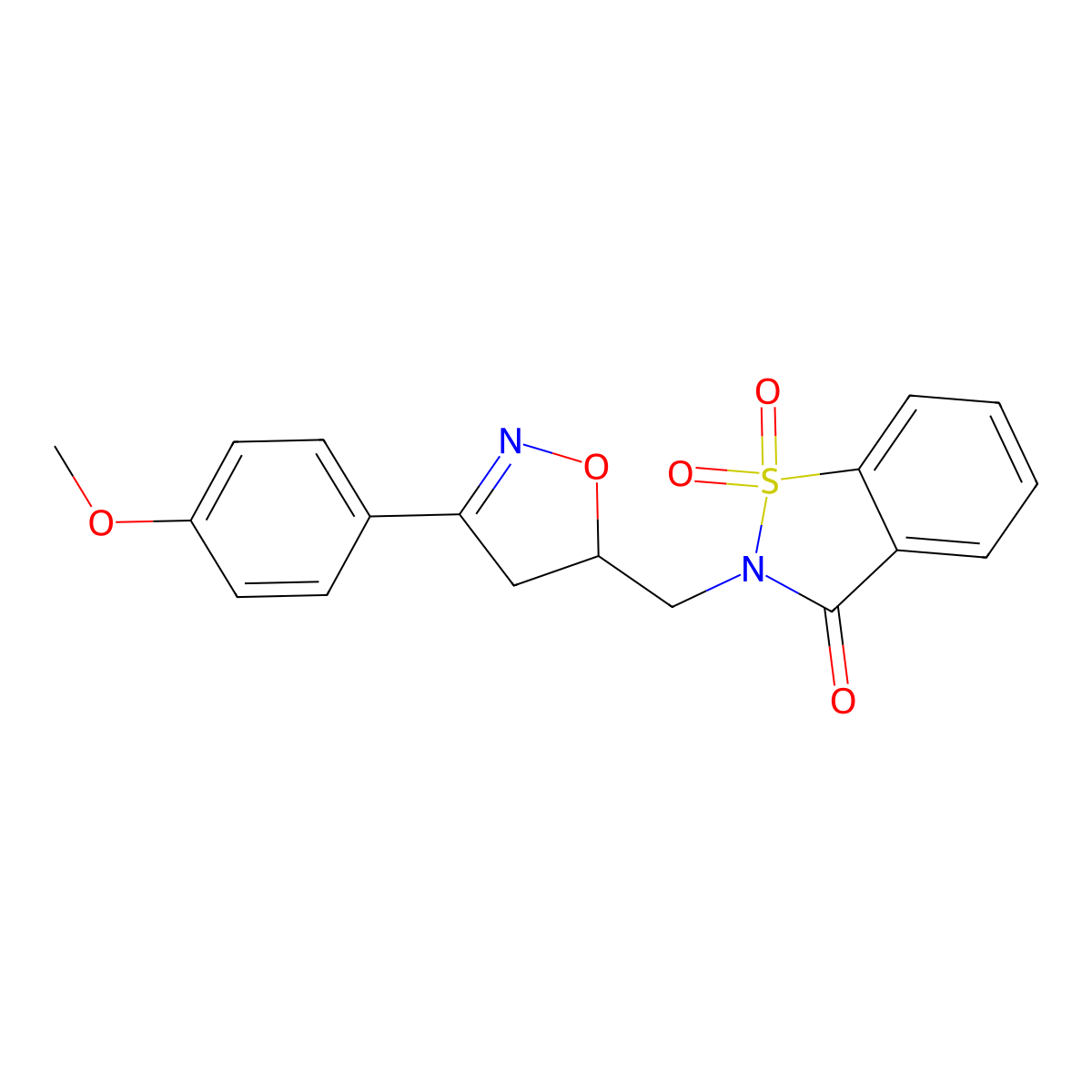 2-{[3-(4-methoxyphenyl)-4,5-dihydro-5-isoxazolyl]methyl}-1,2-benzisothiazol-3(2H)-one 1,1-dioxide molecular structure, CAS 832683-54-2