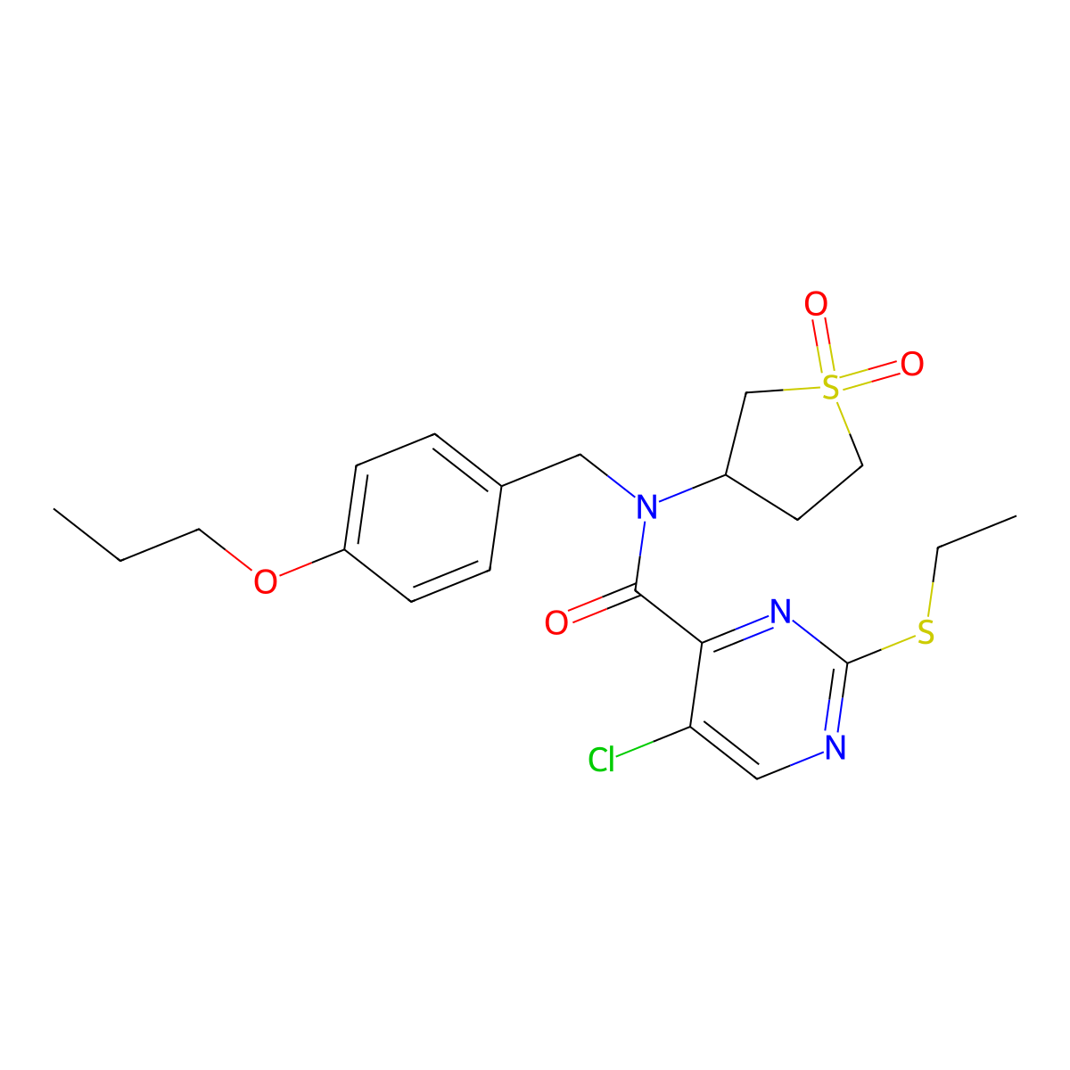 5-chloro-N-(1,1-dioxidotetrahydrothiophen-3-yl)-2-(ethylsulfanyl)-N-(4-propoxybenzyl)pyrimidine-4-carboxamide molecular structure, CAS 832683-74-6