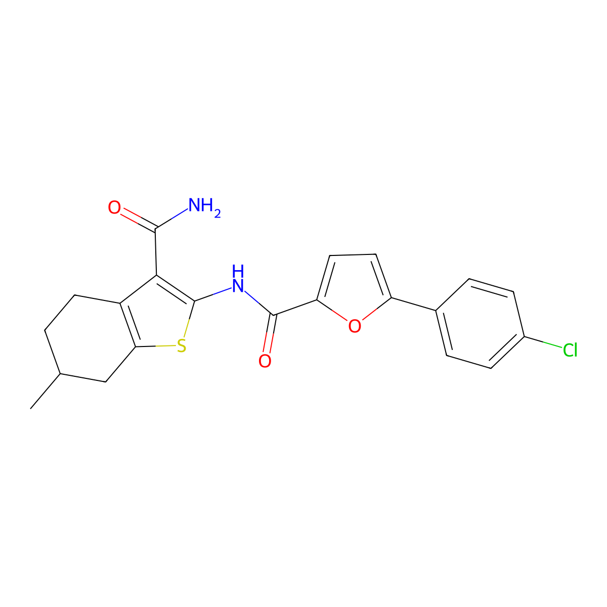 N-(3-carbamoyl-6-methyl-4,5,6,7-tetrahydro-1-benzothiophen-2-yl)-5-(4-chlorophenyl)furan-2-carboxamide molecular structure, CAS 832683-96-2