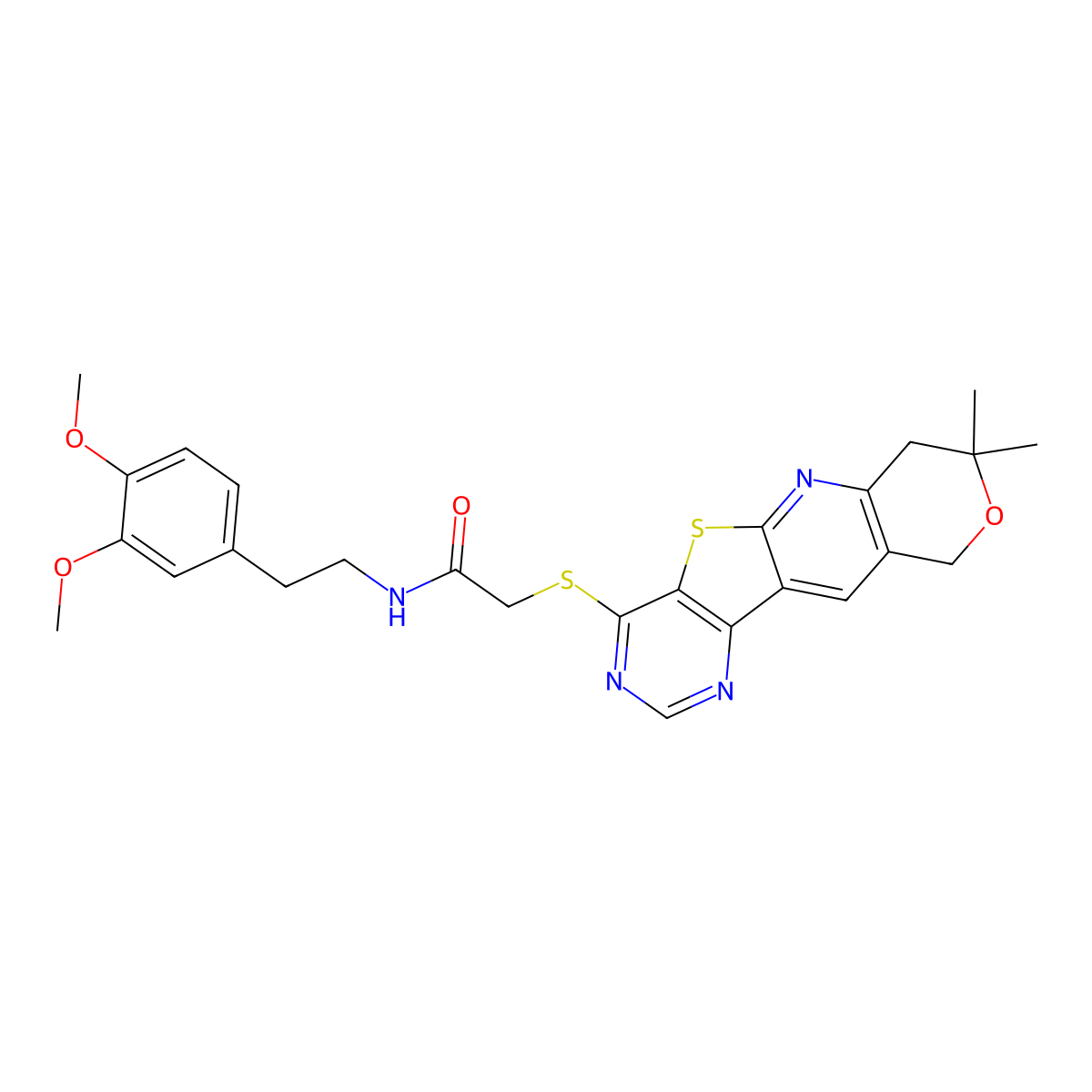 N-[2-(3,4-dimethoxyphenyl)ethyl]-2-[(8,8-dimethyl-7,10-dihydro-8H-pyrano[3'',4'':5',6']pyrido[3',2':4,5]thieno[3,2-d]pyrimidin-4-yl)sulfanyl]acetamide molecular structure, CAS 832684-21-6