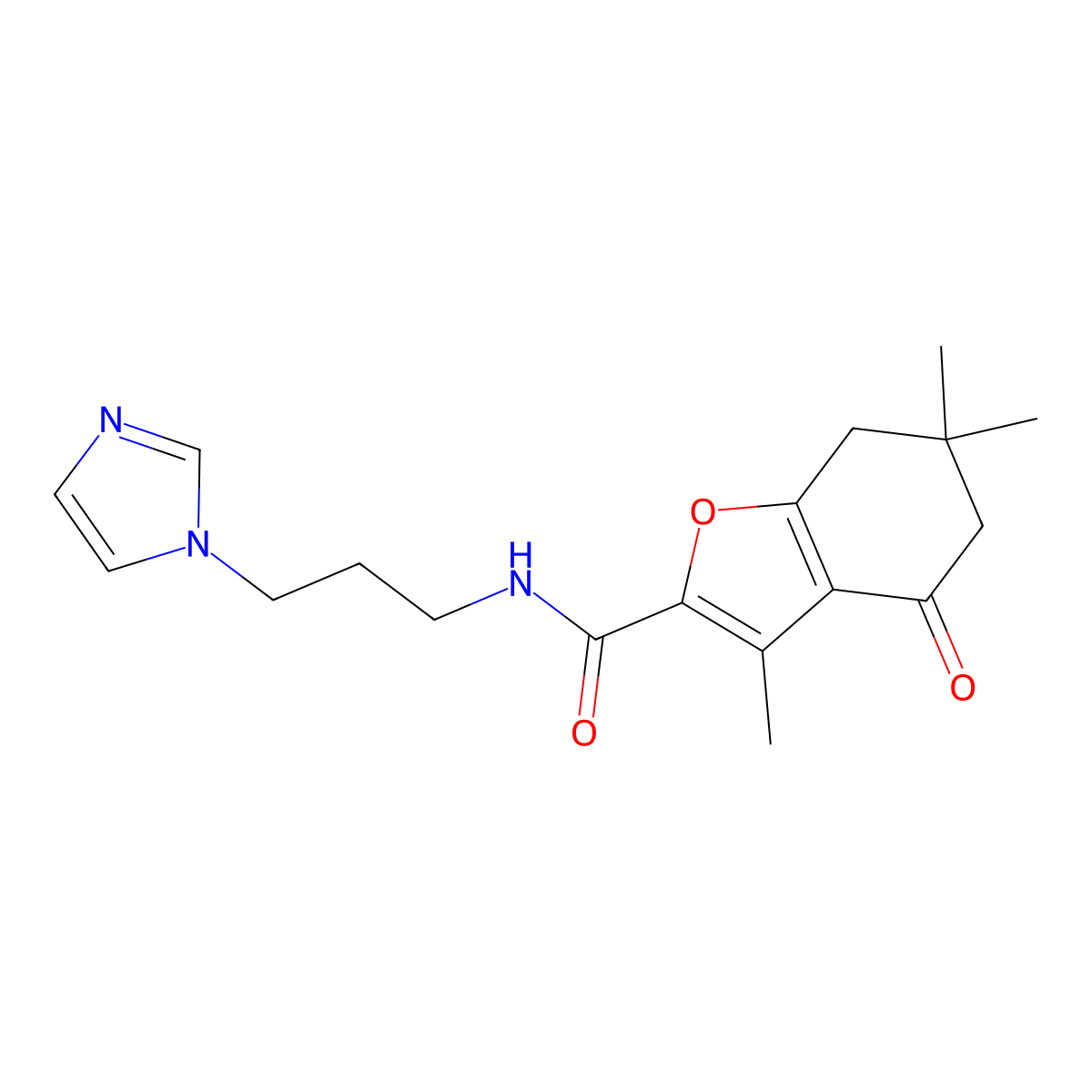 N-[3-(1H-imidazol-1-yl)propyl]-3,6,6-trimethyl-4-oxo-4,5,6,7-tetrahydro-1-benzofuran-2-carboxamide molecular structure, CAS 832684-25-0
