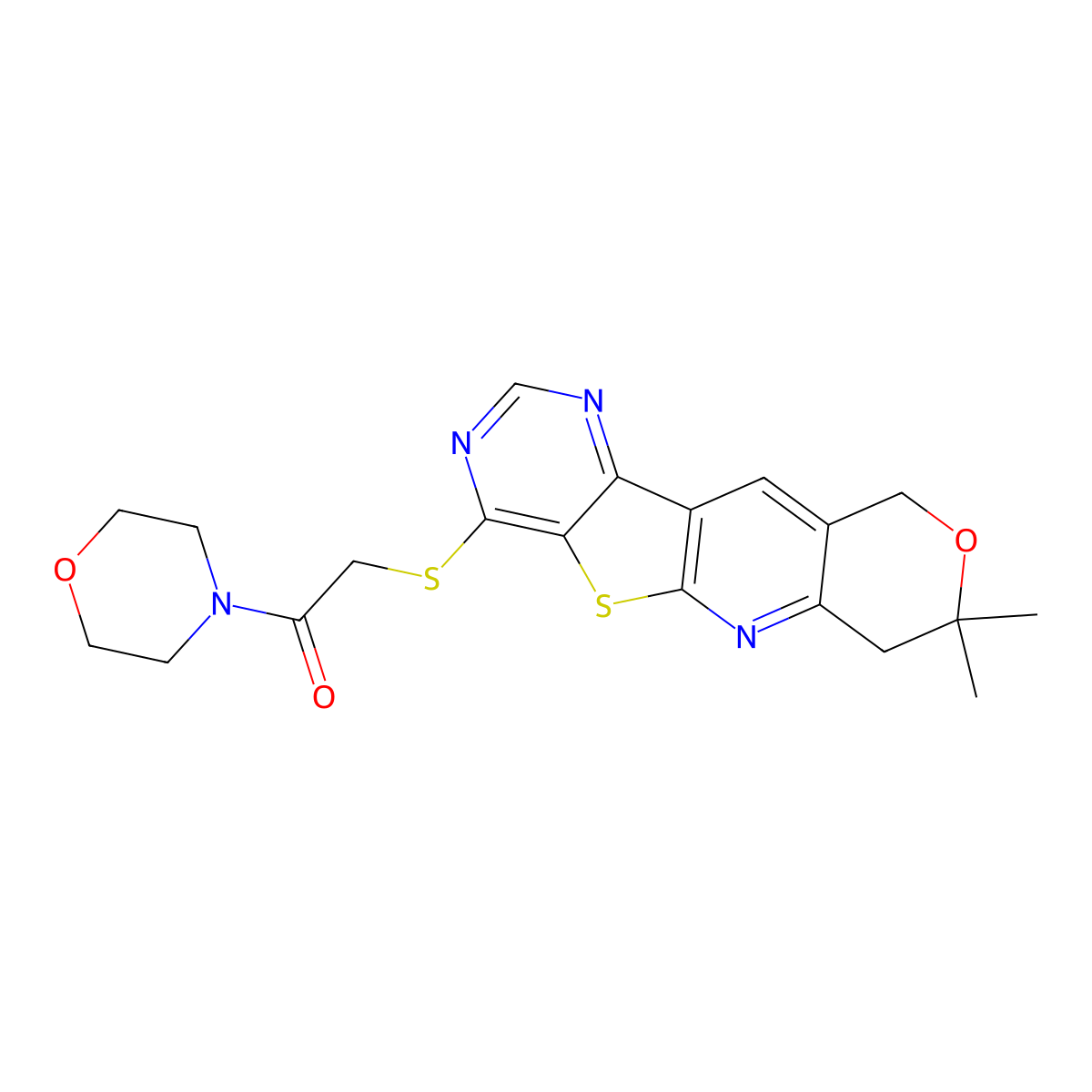 2-((8,8-dimethyl-8,10-dihydro-7H-pyrano[3'',4'':5',6']pyrido[3',2':4,5]thieno[3,2-d]pyrimidin-4-yl)thio)-1-morpholinoethanone molecular structure, CAS 832684-68-1