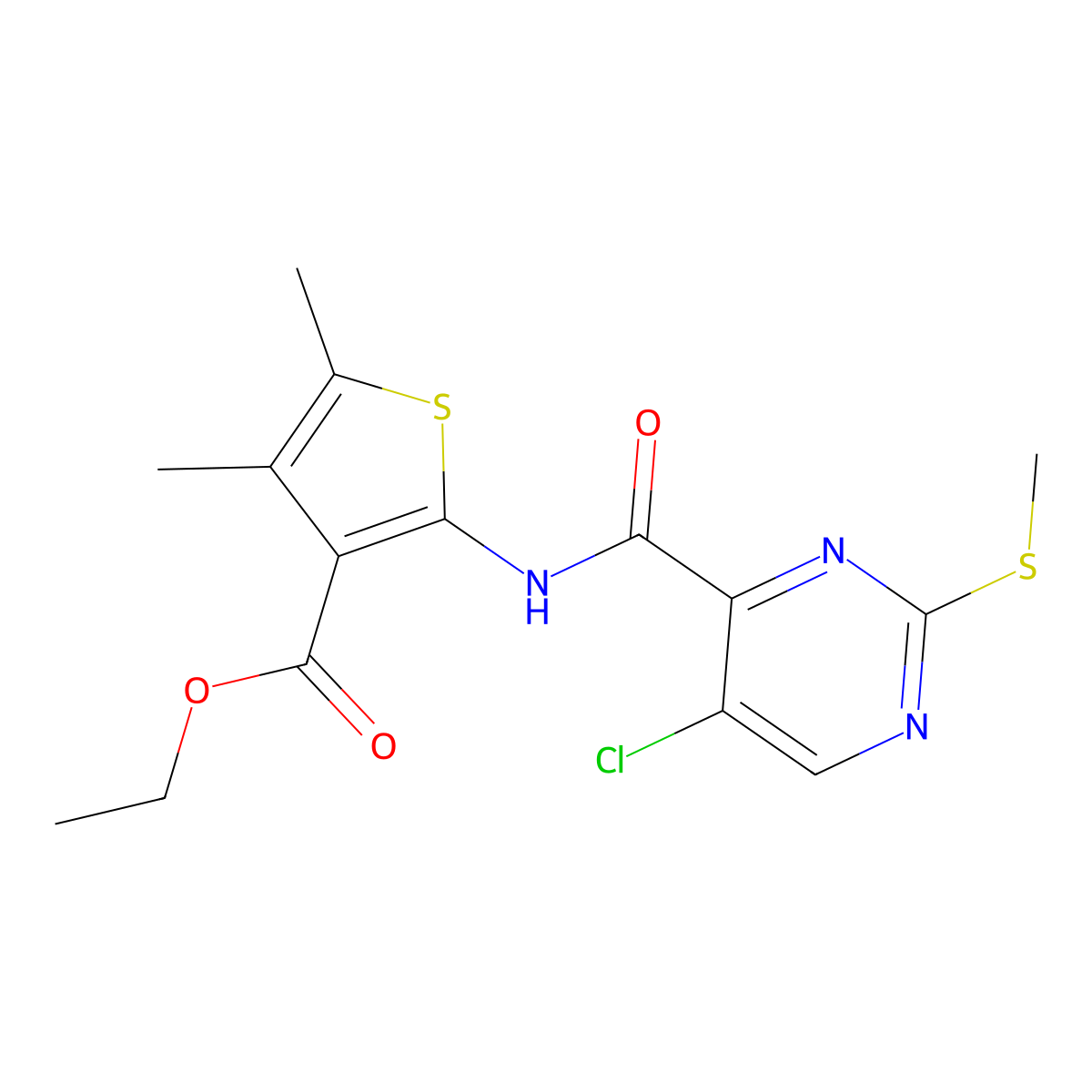 Ethyl 2-[5-chloro-2-(methylsulfanyl)pyrimidine-4-amido]-4,5-dimethylthiophene-3-carboxylate molecular structure, CAS 832685-00-4